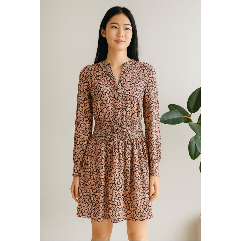 Boden Ditzy Floral Smocked Waist Long Sleeve Shirt Dress